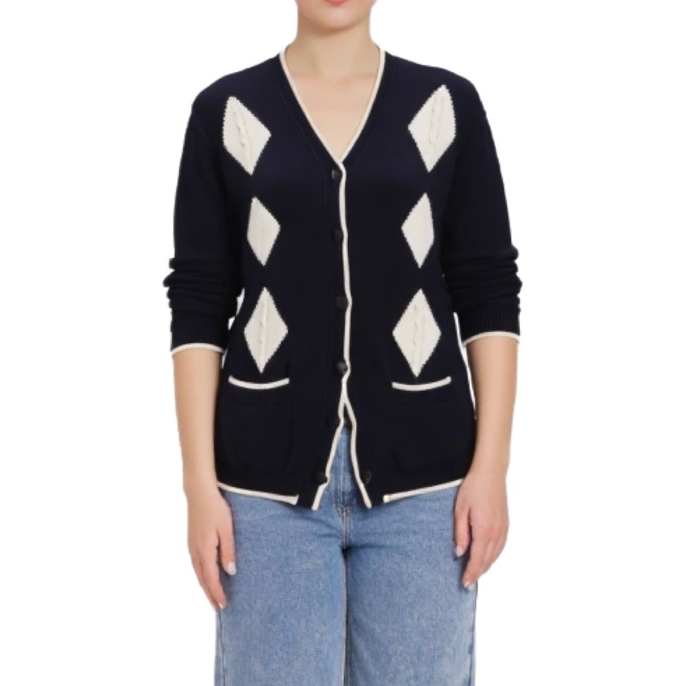 Marks & Spencer Navy and White Diamond Pattern Long Cardigan Size M